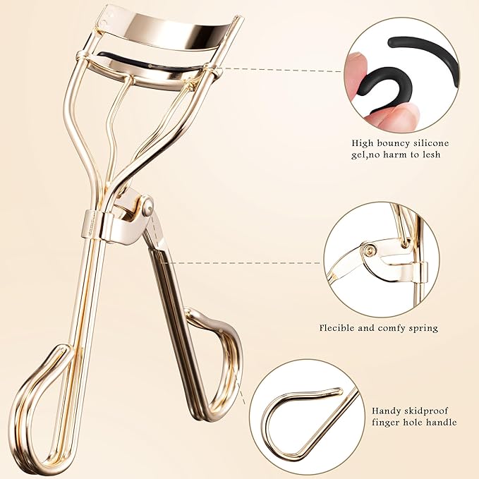 3-in-1 Professional Eyelash Curler Kit – Salon-Perfect Lashes at Home!Includes: Eyelash Curler (w/Replacement Pad), Eyebrow Tweezers & Curved Applicator Toolr – Travel-Friendly & Pain-Free (Gold)
