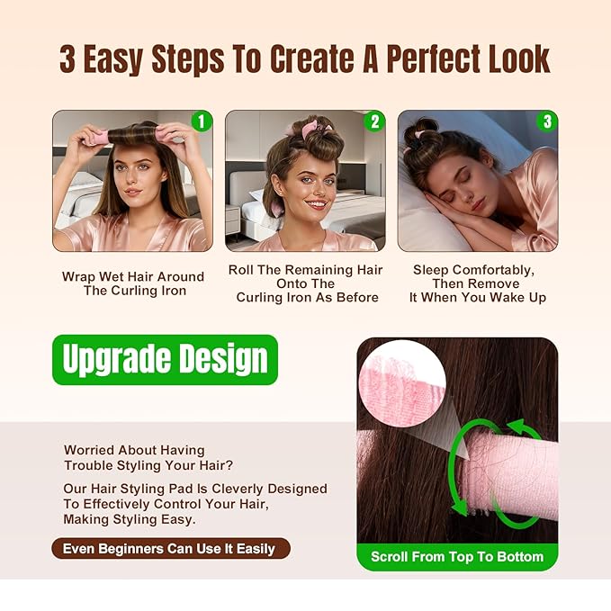 BLAAROOM Overnight Heatless Hair Curler Satin Jumbo Flexi Overnight Curls Blowout Rods 3pcs No-Heat Styling Tools Curling Rod to Sleep in for All Hair Types - Pink
