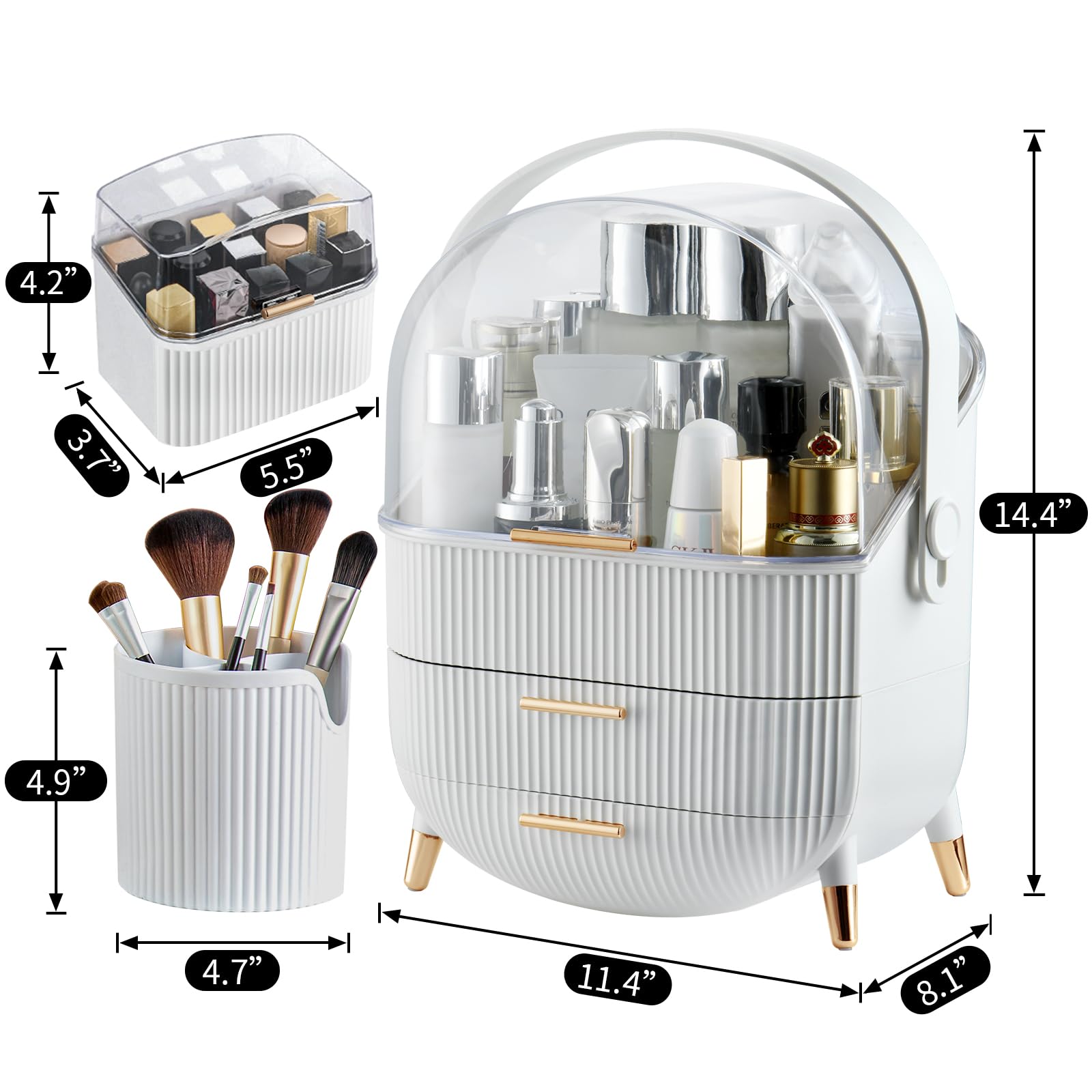 CANITORON Makeup Organizer,Skincare Organizer with 2 Drawers and Brush Storage Box,Lipstick Holder,Cosmetic Display Case for Vanity Organizer and Bathroom Countertop Storage.(White)