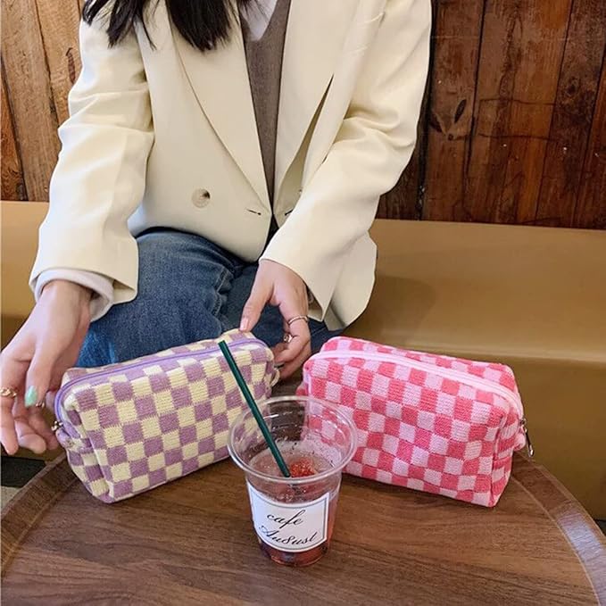 SxoSyo 2 Pcs Checkered Cosmetic Bags, Small Makeup Bag Purse, Pink