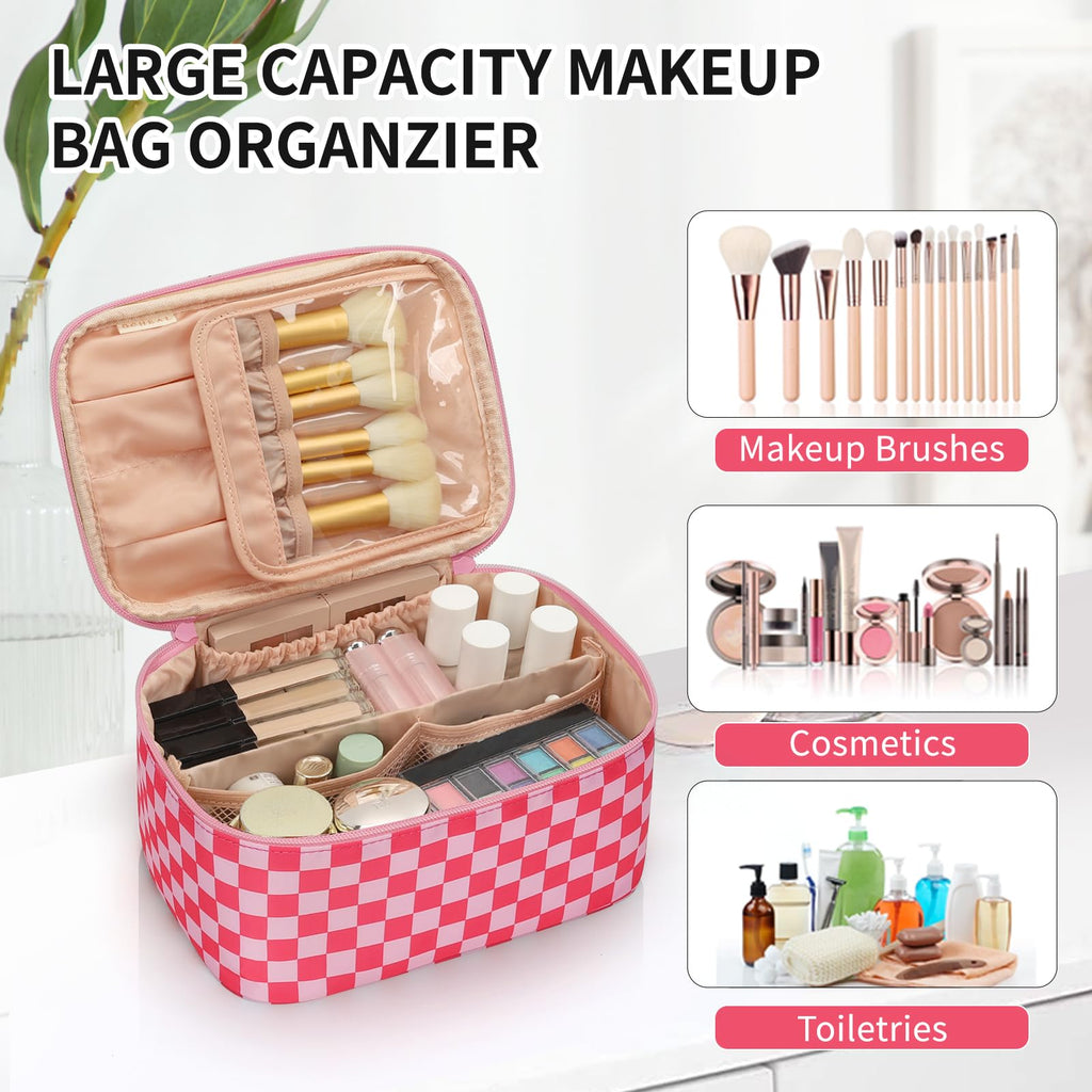 OCHEAL Makeup Bag Portable Cosmetic Bag For Women, Large Capacity Travel Makeup Case Organizer, Toiletry Bag for Girls Traveling With Handle and Divider-Pink
