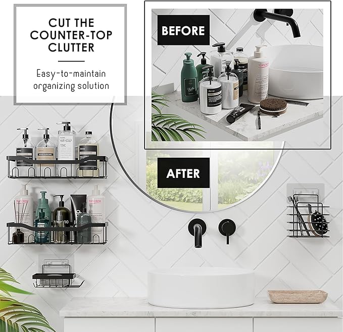 Clara Clark Bathroom Set - Coal Black Bathroom Accessories Set, 24PC Bathroom Accessory Set, Bathroom Sets with Shower Curtain Set, Adhesive Corner Shower Caddy Hanging & Soap Dispenser