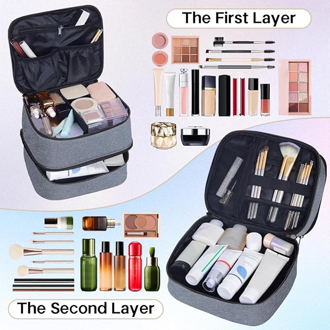 TANPADUAJI Double Layer Makeup Bag Portable Large Cosmetic Case Organizer with Adjustable Dividers Storage Travel Bag for Accessories Brushes Conditioner and Skin Care Products (Grey)