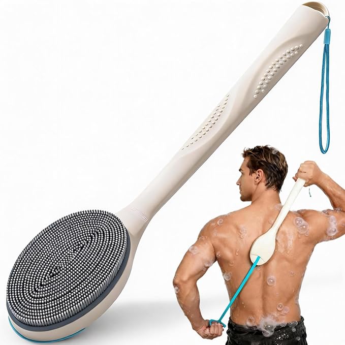 BUBBLEDANCE® Silicone Back Scrubber with Extendable Long Handle (17.5"-31.9"), Firm Bristles for Deep Exfoliation, Anti-Slip Shower Brush for Bath & Dry Brushing (White)