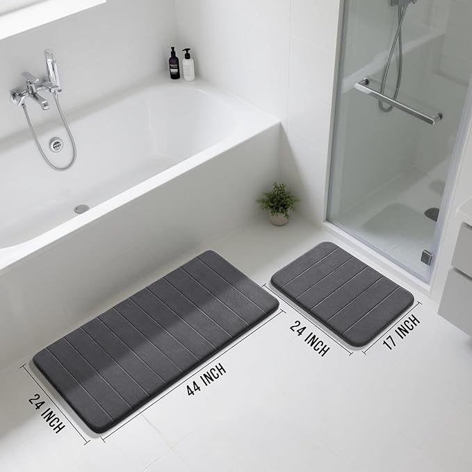 Yimobra Large Bath Mat Set 2 Piece- Super Soft Absorbent Quick Dry Memory Foam Bathroom Rugs, Machine Washable Non Slip Floor Carpet for Tub Shower & Double Vanity (17x24 & 44x24, Dark Gray)