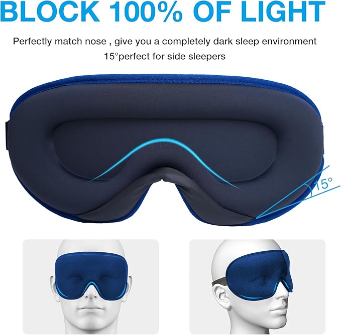 LYSIAN 3D Sleep Mask for Side Sleepers, Blackout Eye Mask with No Pressure on Eyes, Adjustable Comfortable Blindfold with 5 Pairs of Ear Plugs for Sleeping, Travel, Nap, Blue
