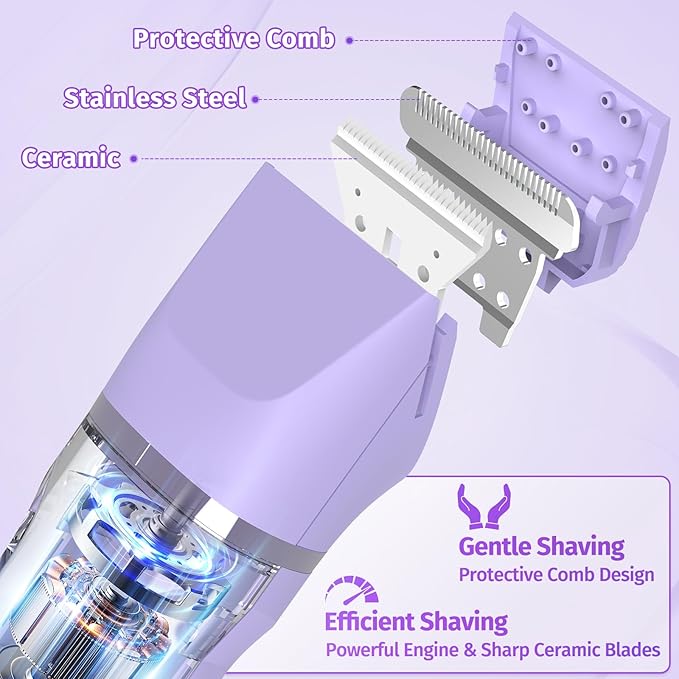 Bikini Trimmer for Women,5-in-1 Electric Razors for Women,Electric Shaver for Women's,IPX7 Waterproof Trimmer for Men Legs,with 5 Replaceable Blade Heads,USB Recharge Dock（Purple）
