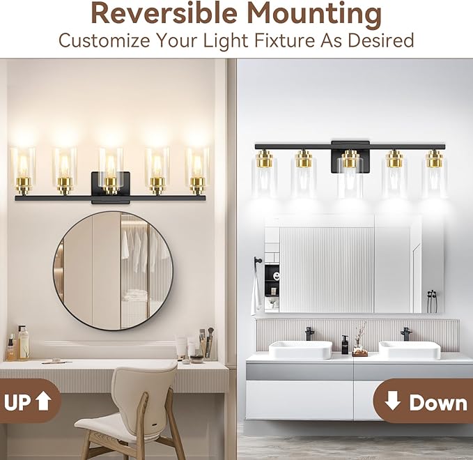 VerRon 5-Light Bathroom Light Fixtures, 31" Black & Gold Vanity Lights