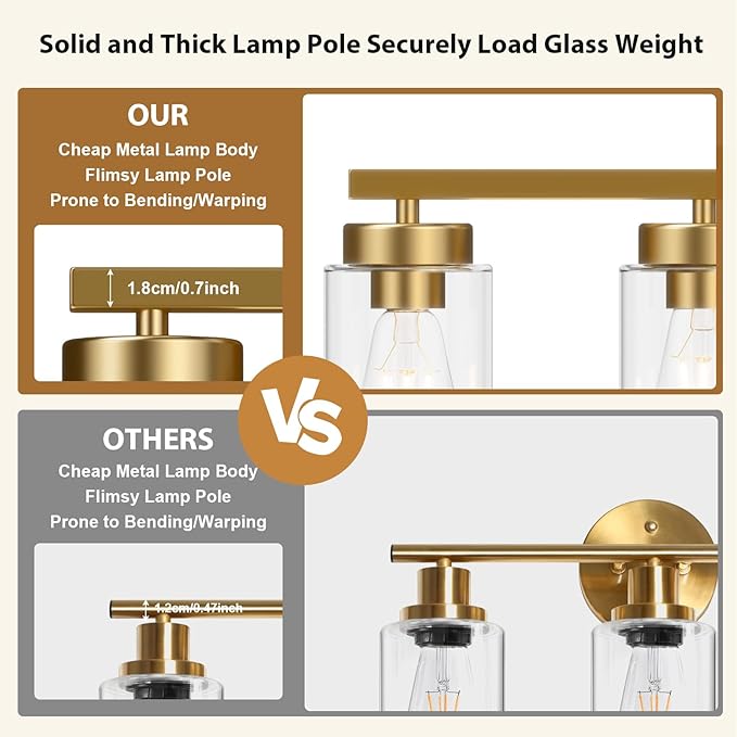 IZORRO Modern Bathroom Light Fixtures, 3 Light Brushed Gold Vanity Lights, Bathroom Lighting Fixtures Over Mirror with Clear Glass for Living Room Cabinet Bedroom