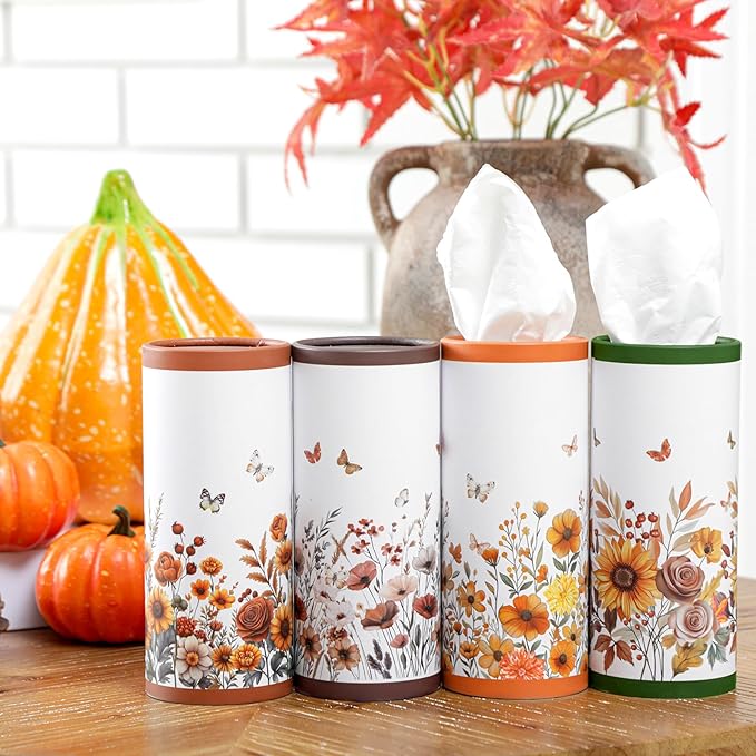 Fourluoo 12 Pack Spring Floral Tissue Boxes for Car Cylinder Bulk Wildflower Round Cylinder Holder with 3 Ply Facial Tissues for Spring Travel Bathroom Office Decoration Supplies