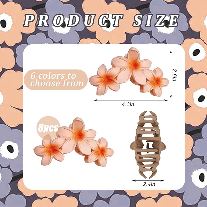 YONOY 6Pcs Flower Hair Clips for Women,Non-Slip Matte Flower Hair Clips for Women,Hawaiian Hair Flower Clip Large Plumeria Strong Hold Hair Claws Banana Cute Clip Beach Hair Accessories
