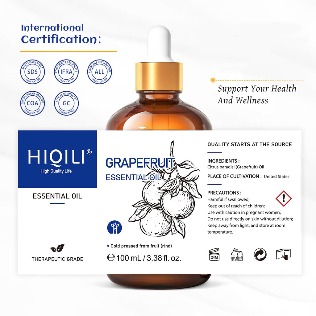 HIQILI Grapefruit Essential Oil for Skin Care, DIY, Diffuser & Aromatherapy
