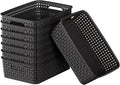 FUCDTEFC Black Plastic Basket, 8 Pack Home Organization and Storage Baskets with Handles, Space Saving Woven Organizer Bins Plastic Storage Basket for Organizing Cabinets,Closets, Shelves, Countertops
