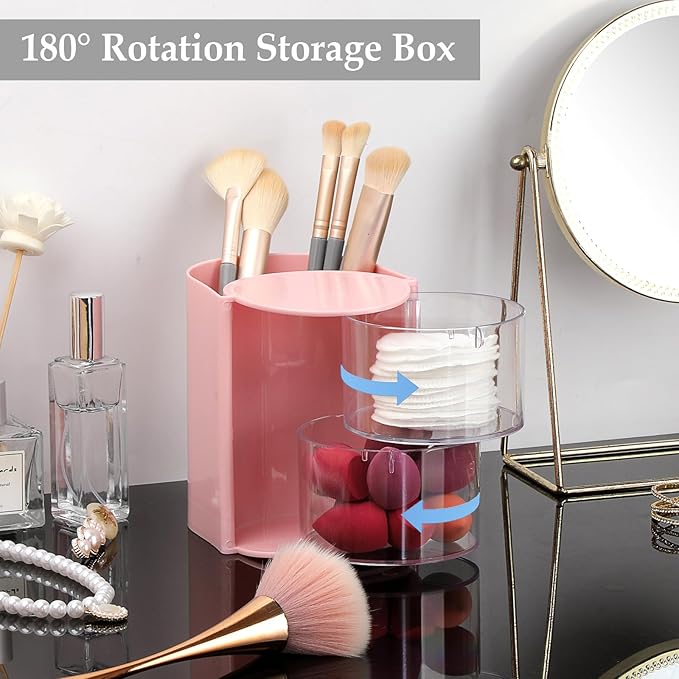 GUSHBIN Hair Accessories Organizer with Brush Holder Rotating Hair Clips Container Hair Organizer Storage Box for Bathroom Countertop, Pink