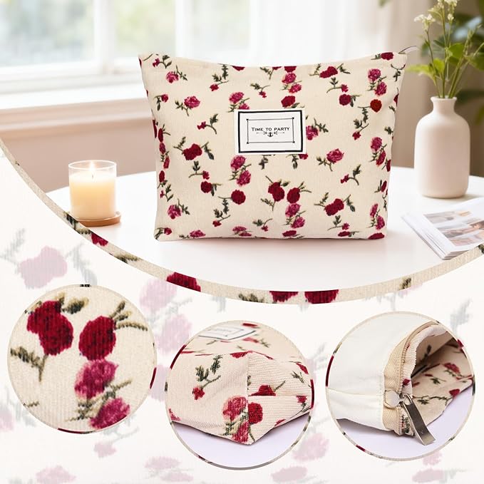 Dqwtb 1pcs Floral Makeup Bag for Women Travel Cosmetic Pouch Toiletry Organizer for Skincare Brushes and Daily Essentials 8.27x7.28x1.97 inch(Flower-1, Beige)