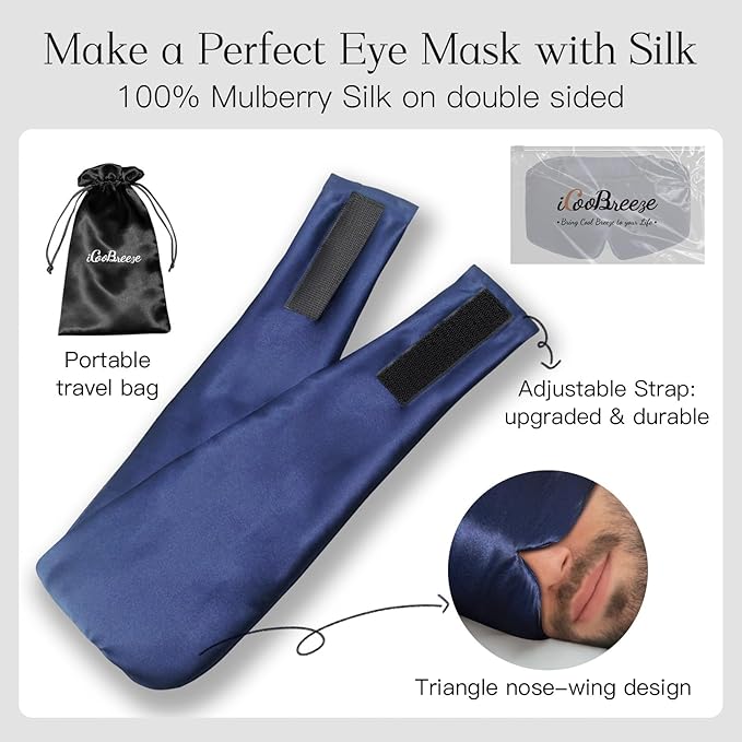 iCooBreeze 100% Natural Silk Eye Mask for Women Men, Soft Pressureless Cooling Blackout Eye Covers for Sleeping, Large Size Sleep Mask fits All Heads Adjustable, 1PC, Navy Blue