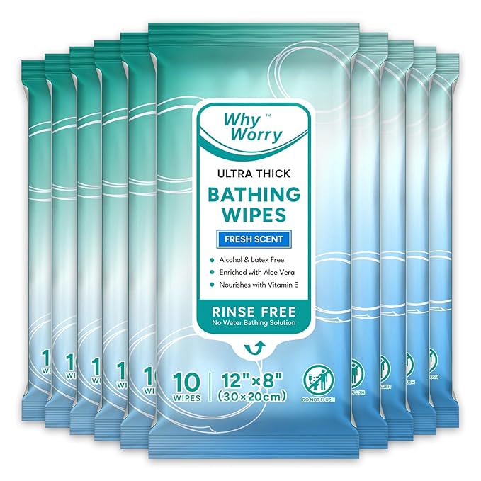 WhyWorry Bathing Wipes for Adults Rinse Free, 8"x12" Fresh Scent, 100 Count