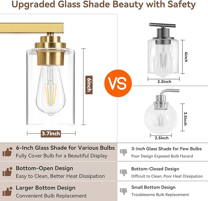 VerRon 19" Gold Modern Vanity Lights Over Mirror with Clear Glass Shades