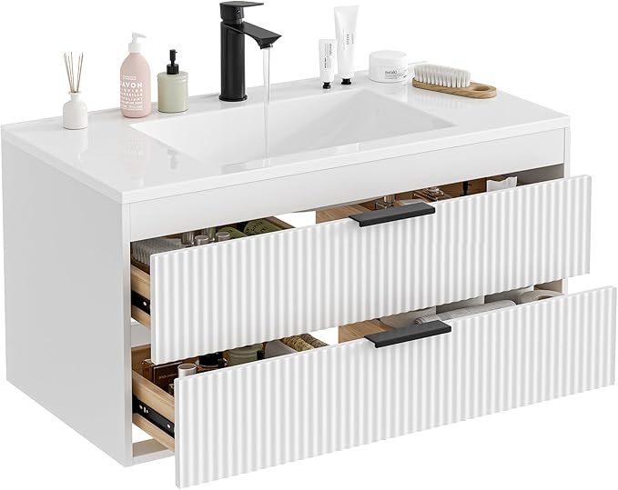 36 Inches Modern MDF Bathroom Vanity with Sink, Wall Mounted Floating Cabinets w/Double Drawers, Black Handles, White Resin Sink Combo Set (White, 36")
