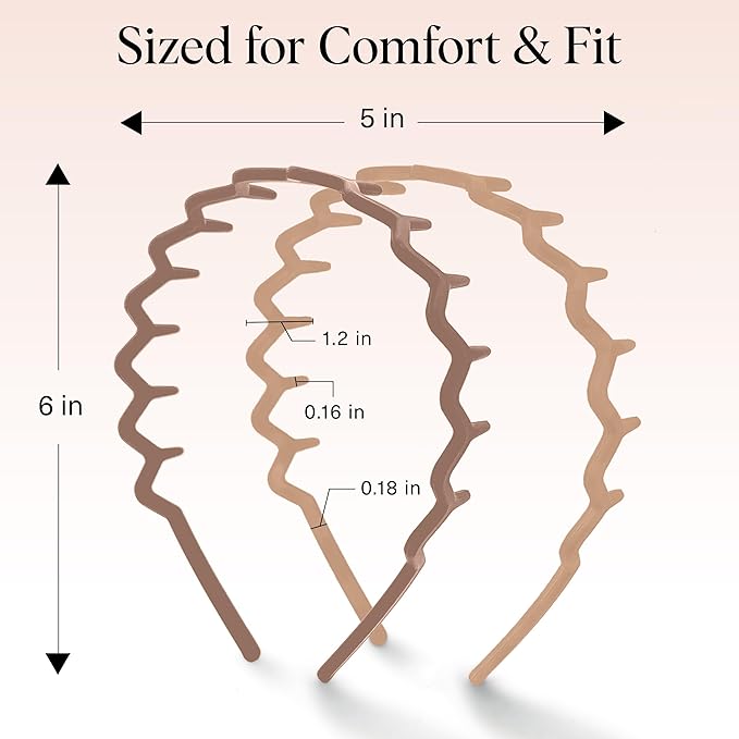 Kitsch Zig Zag Headbands for Women – Fashion Accessories for Slicked Back Styles - Comfortable Wavy Headbands | Comb Headband with Teeth - Neutral - 2 pcs