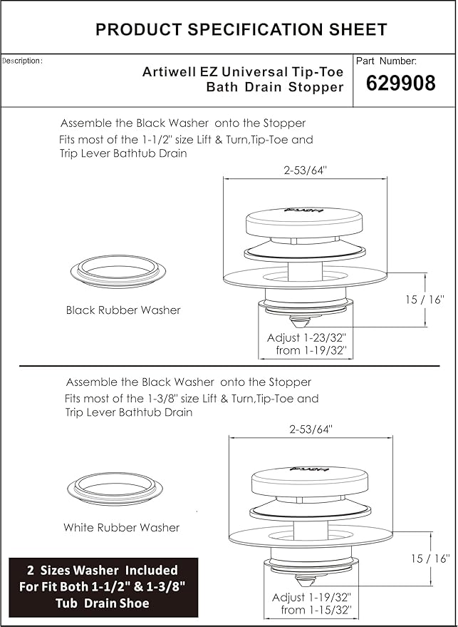 Artiwell Universal Tip Toe Bath Drain Stopper and Cover, Bathtub Drain Stopper, Replaces Lift and Turn, Tip-Toe and Trip Lever drains for Tub, EZ Installation and Clearing (Oil Rubbed Bronze)