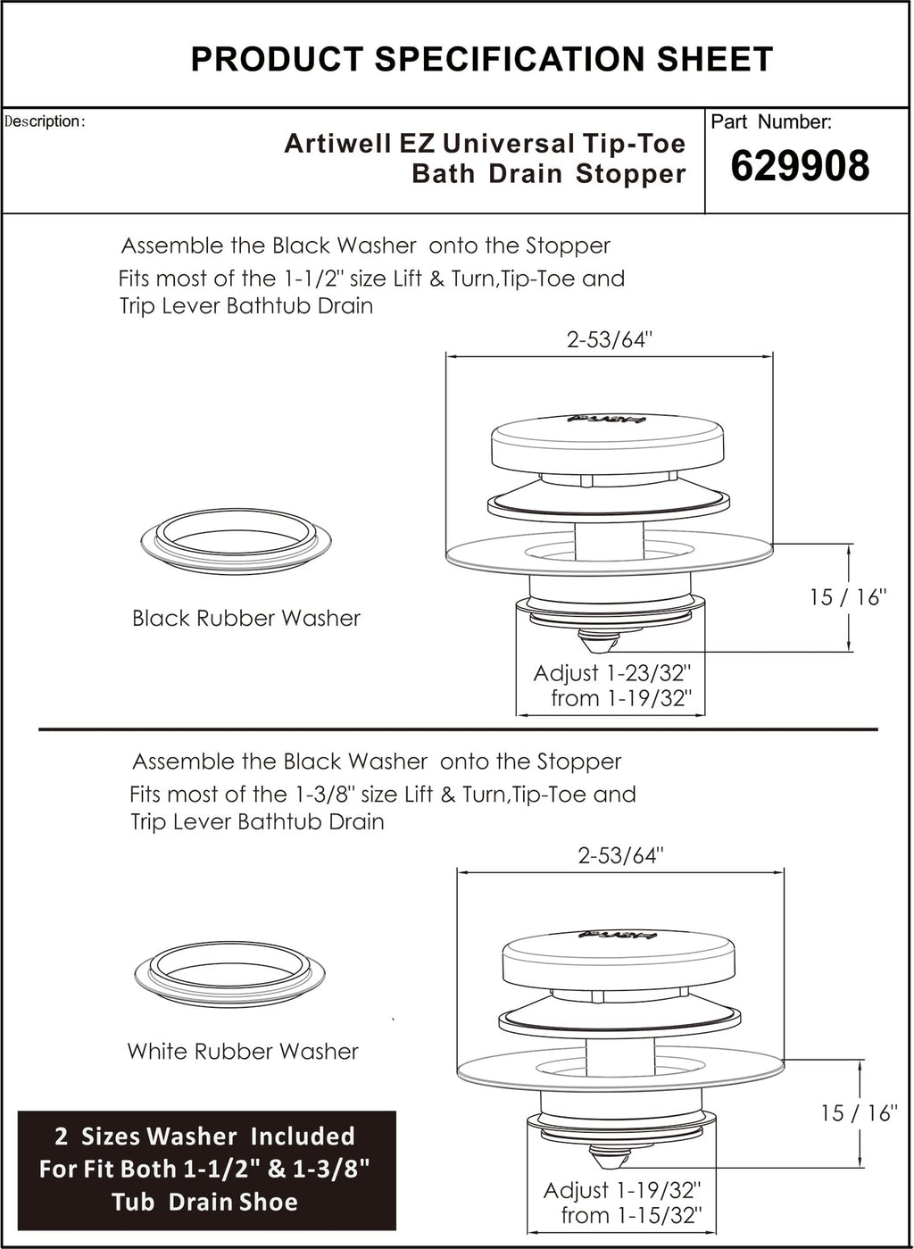 Artiwell Universal Tip Toe Bath Drain Stopper and Cover, Bathtub Drain Stopper, Replaces Lift and Turn, Tip-Toe and Trip Lever drains for Tub, EZ Installation and Clearing (Oil Rubbed Bronze)