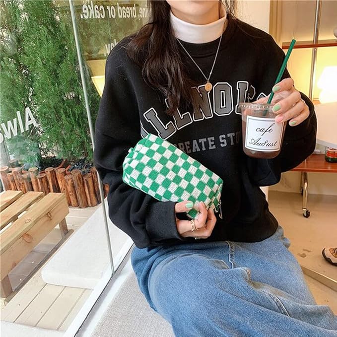 SxoSyo 2 Pcs Checkered Cosmetic Bags, Small Makeup Bag Purse, Green
