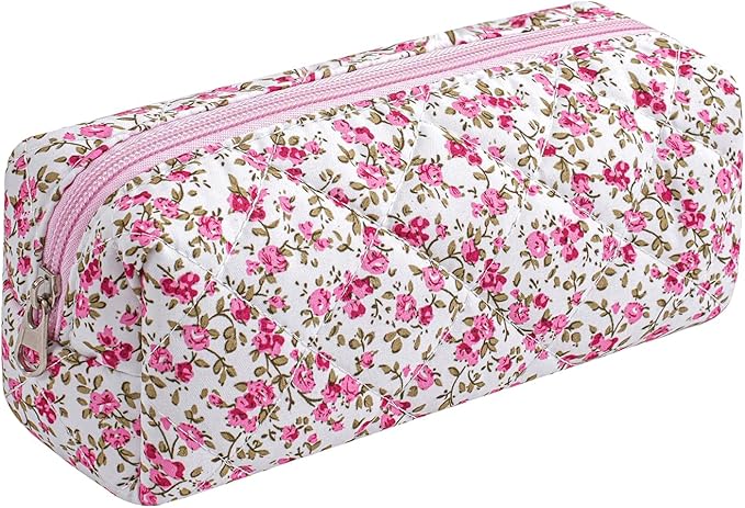 HHQQWZ Cute Floral Cotton Makeup Brush Cosmetic Bag for Women, Travel Quilted Zipper Make Up Bag, Flowers Toiletry Organizer Case Kawaii Makeup Cosmetic Travel Cloth Pouch (Red Floral)