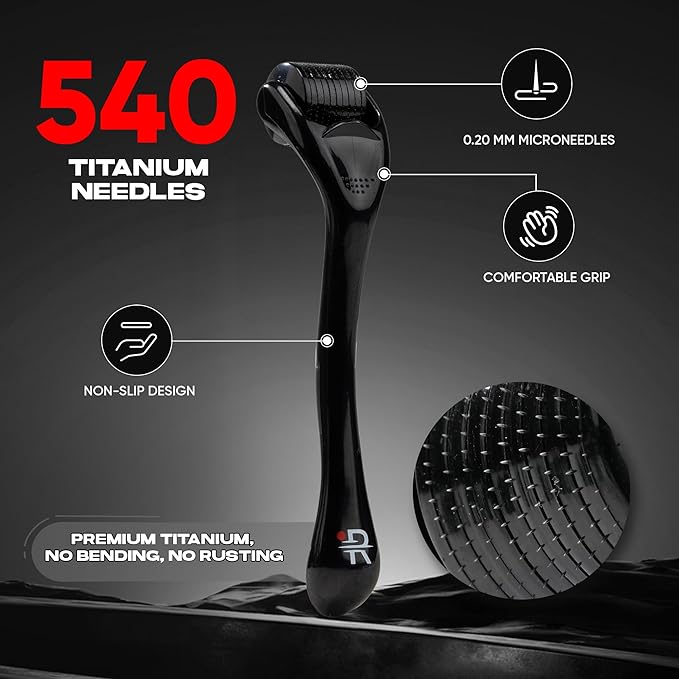 Rhys Man Derma Roller 0.25mm with Storage Case – Titanium Dermaroller for Beard, Face & Scalp Care, 540 Needles Skin Care Tool for Men & Women