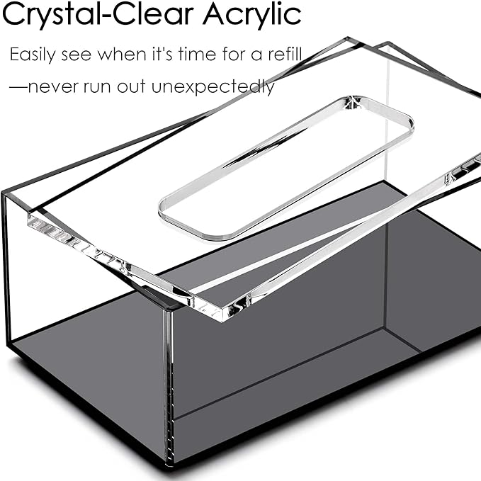 SANRUI Clear Acrylic Facial Tissue Box Cover Holder with 8mm Top Lid Rectangle Napkin Dispenser Organizer for Bathroom, Kitchen and Office Desk,Black&Clear