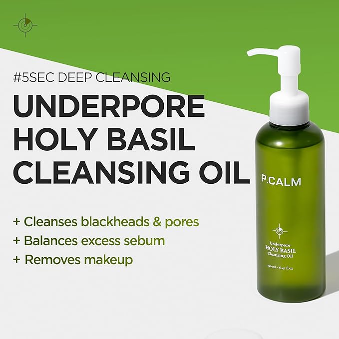 P.CALM Underpore Holy Basil Cleansing Oil | Holy Basil & Tea Tree for Pore Purifying, Blackhead Care & Makeup Removal, Cleansing Oil | Korean Skincare, 190ml / 6.42 fl. oz