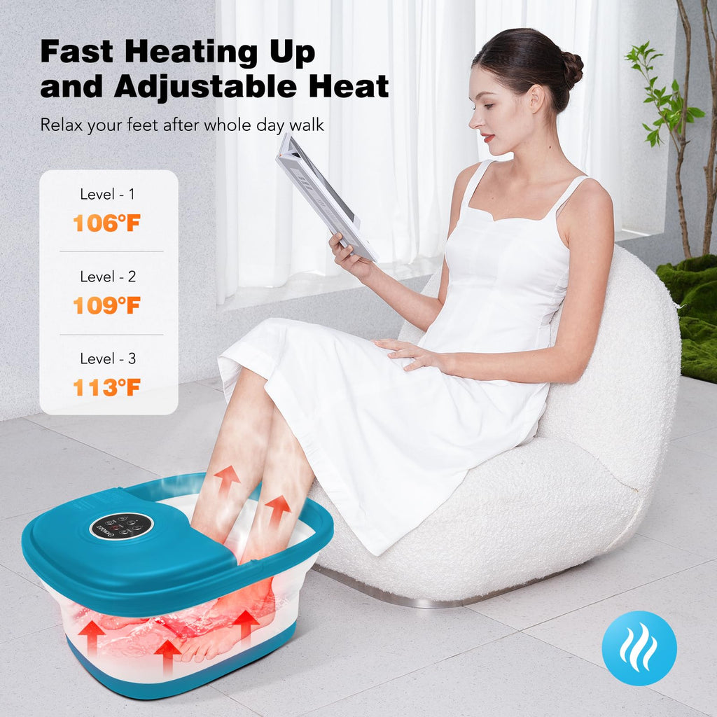 KNQZE Collapsible Foot Spa Bath with Heat & Bubble, Foot Soaking Tub with Timer and Red Light, 16 Rollers & Pumice Stone, Enjoy Warm Water Foot Bath, Gift for Wife and Mom, Blue