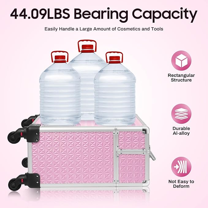 GUEYYSAN Rolling Makeup Case, Nail Storage Box with Wheels Portable Makeup Trolley for Beauty Studio Hairdressers Nail Technician (Pink)