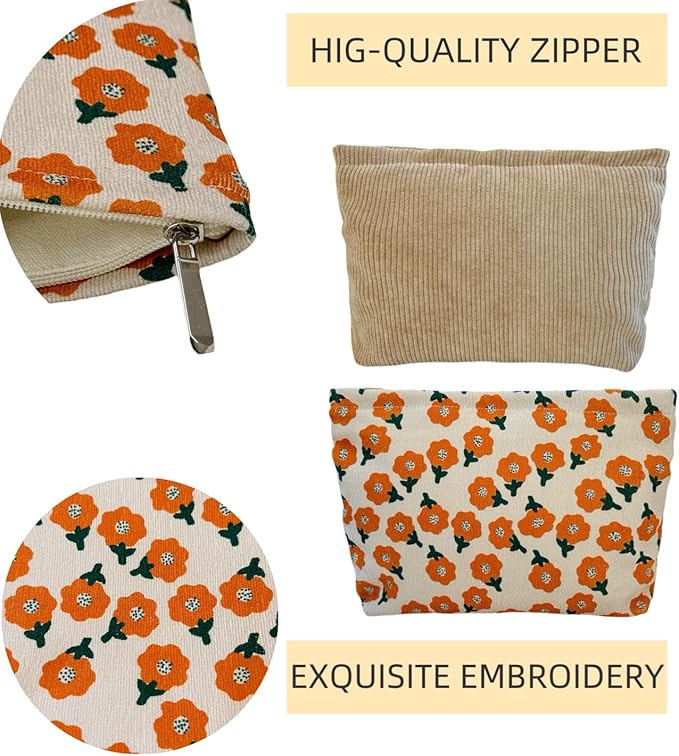 RIKMOXR 2 large makeup bags Women's Corduroy Canvas Makeup Bag, Travel Makeup Bag, Wallet Organizer, Khaki and Orange Flower Pattern