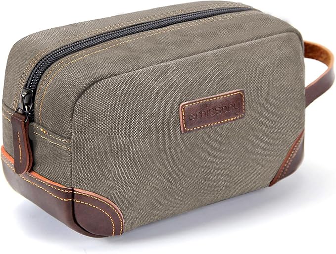 emissary Men's Canvas Travel Toiletry Bag, Leather Dopp Kit - Light Gray
