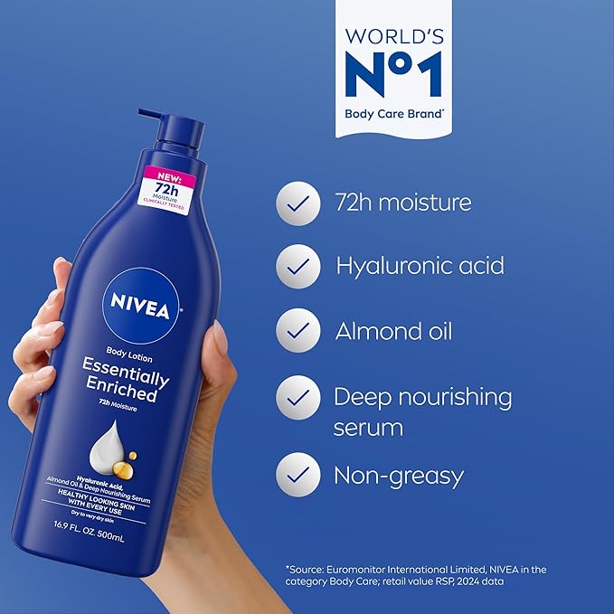 NIVEA Essentially Enriched Body Lotion, Very Dry Skin, Almond Oil, 16.9 Oz