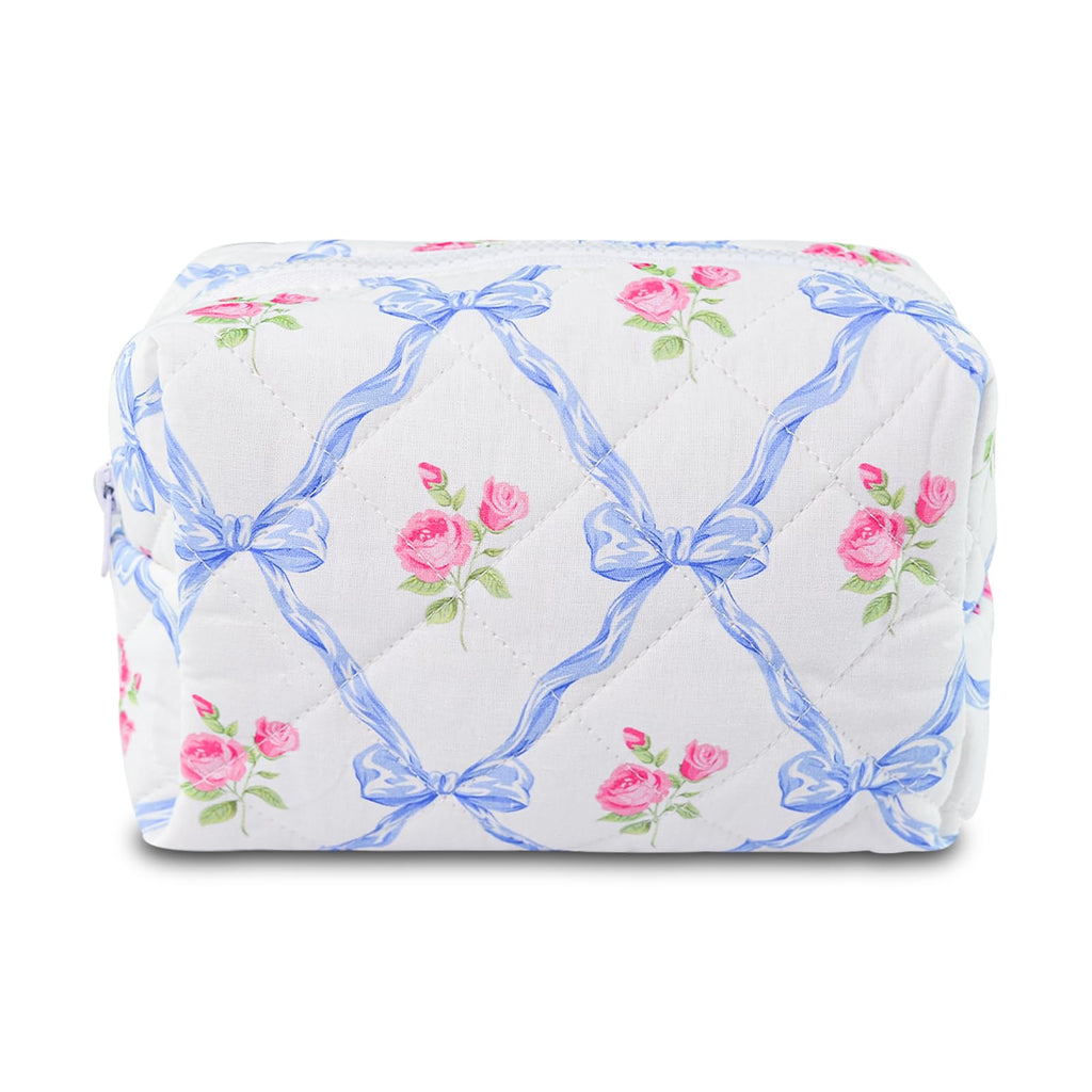 Quilted Makeup Bag Floral Cotton Make up Bag Puffy Coquette Makeup pouch Aesthetic Cute Travel Toiletry Bag for Women Girls
