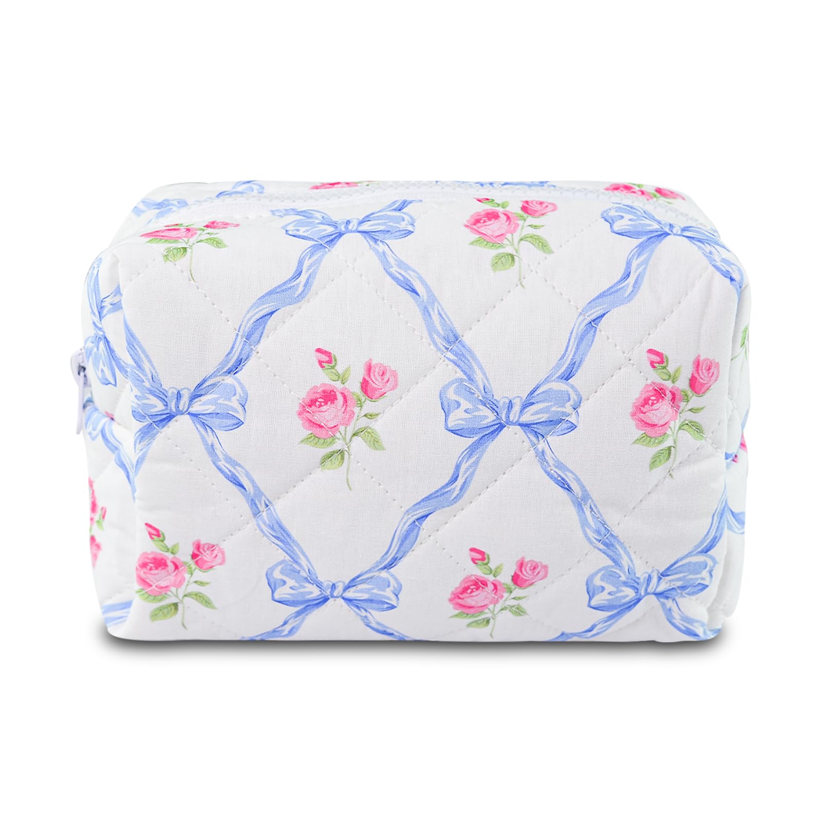 Quilted Makeup Bag Floral Cotton Make up Bag Puffy Coquette Makeup pouch Aesthetic Cute Travel Toiletry Bag for Women Girls