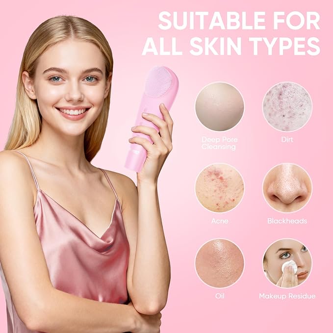 Stepcare Silicone Face Scrubber Blackhead Scraper Rechargeable 2-in-1 Facial Cleansing Brush & Skin Spatula Duo, IPX7 Waterproof Exfoliating Massager Deep Cleansing for Women and Men(Light Pink)