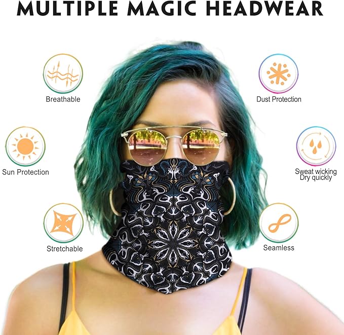 Neck Gaiter Mask, Sun Mask, Rave Bandana Face Mask, Seamless Face Scarf, Headband for Men Women (A-Black Series 2)