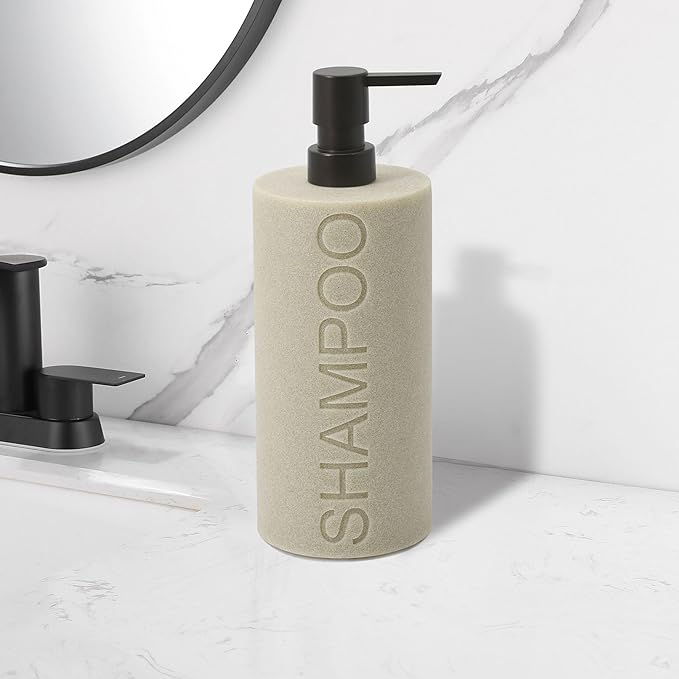 Indecor Home Resin Tan Sandstone Shampoo Engraved Bottle Refillable Pump Dispenser, Durable Waterproof Resin Construction for Bath, Shower - Tan Sandstone ORB Pump