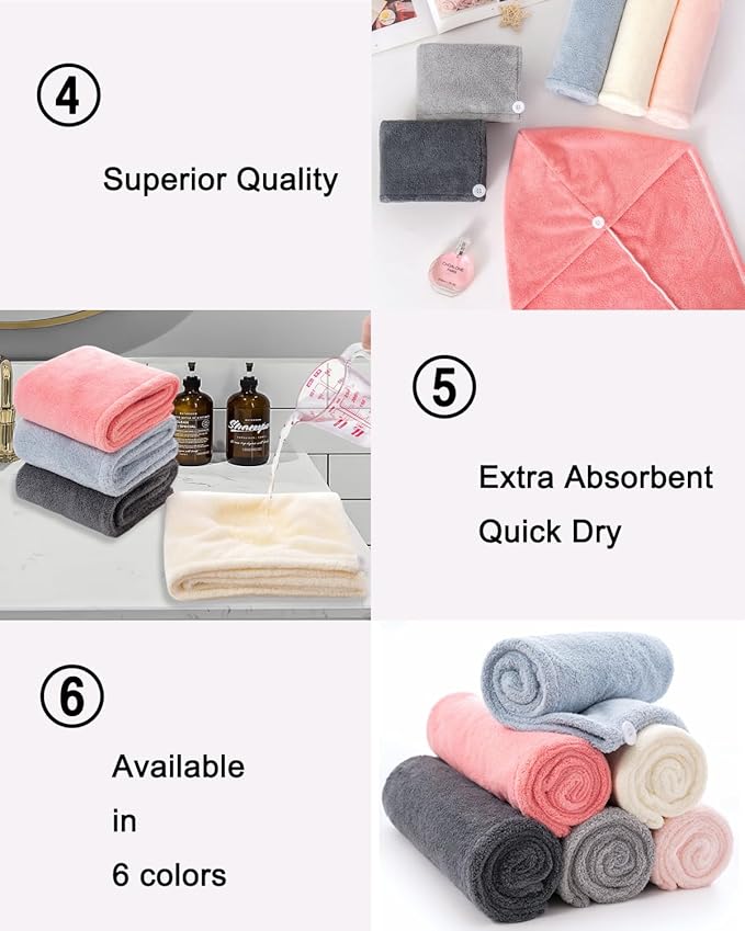 Luxury Microfiber Hair Towel Gift Set 6 Pack - Spa Quality Anti-Frizz Turbans with Button Closure, Quick Dry for Long/Curly Hair, Premium Bath Accessories for Women