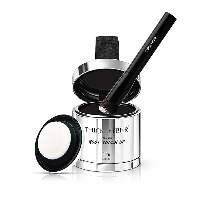THICK FIBER Root Touch Up Powder with Brush – Covers Grey Roots, Thinning Hair & Bald Spots – Sweat & Water Resistant for Men & Women (Black, 0.35 Ounce (Pack of 1))