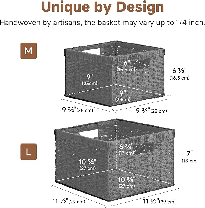 StorageWorks Wicker Basket with Handle, Wicker Storage Baskets for Organizing, Decorative Storage Baskets for Shelves, Paper Rope, Black, 2-Pack