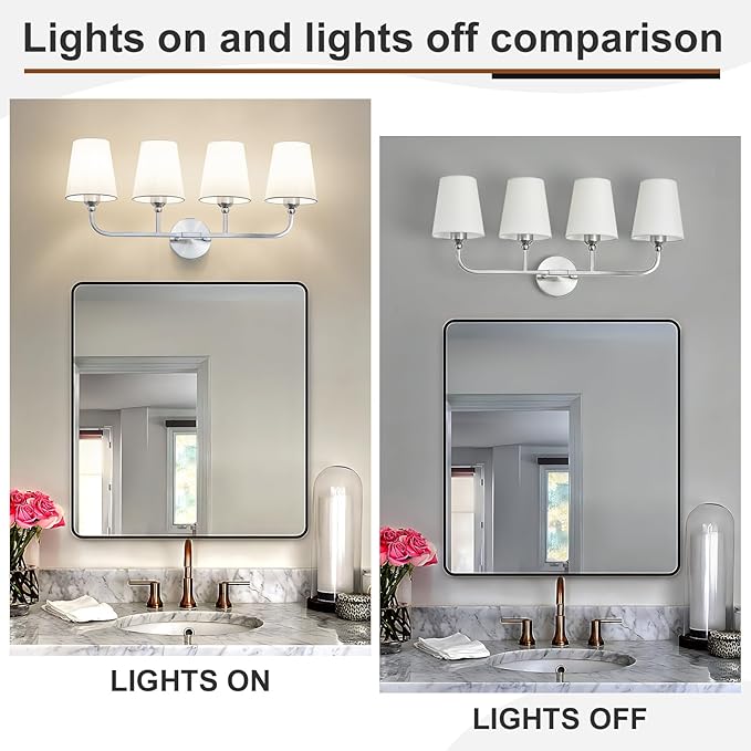 Bathroom Vanity Light, Brushed Nickel Bathroom Light Fixtures, 4-Light Lighting Fixtures Over Mirror, Modern Wall Sconce with Flared White Fabric Shade, E26 Socket(ETL Listed)