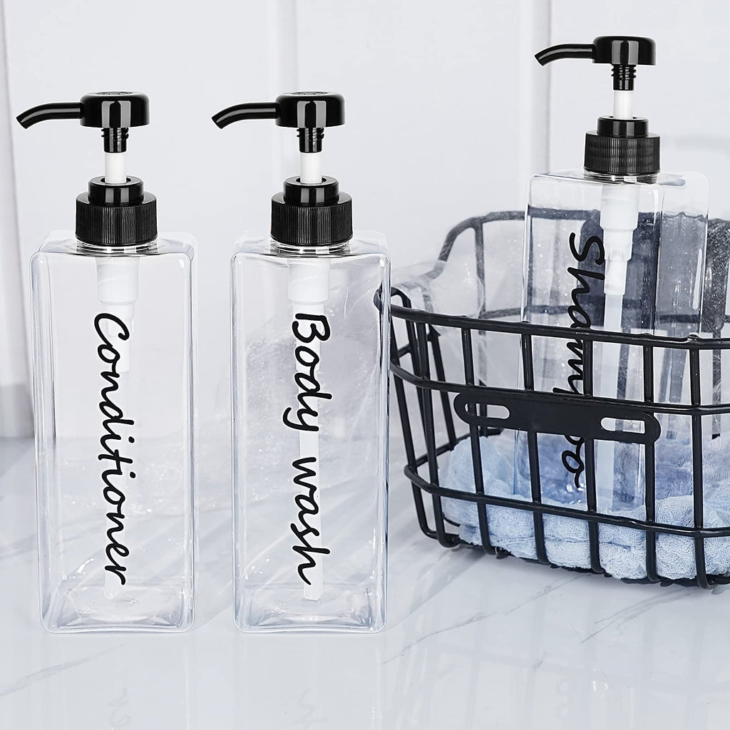 Shampoo Dispenser - Refillable Shampoo and Conditioner Bottles (Clear, Set of 3, 21oz) - Modern Shampoo Bottles for Shower Soap - Empty Shampoo Conditioner Body Wash Dispenser (Black) (Black)