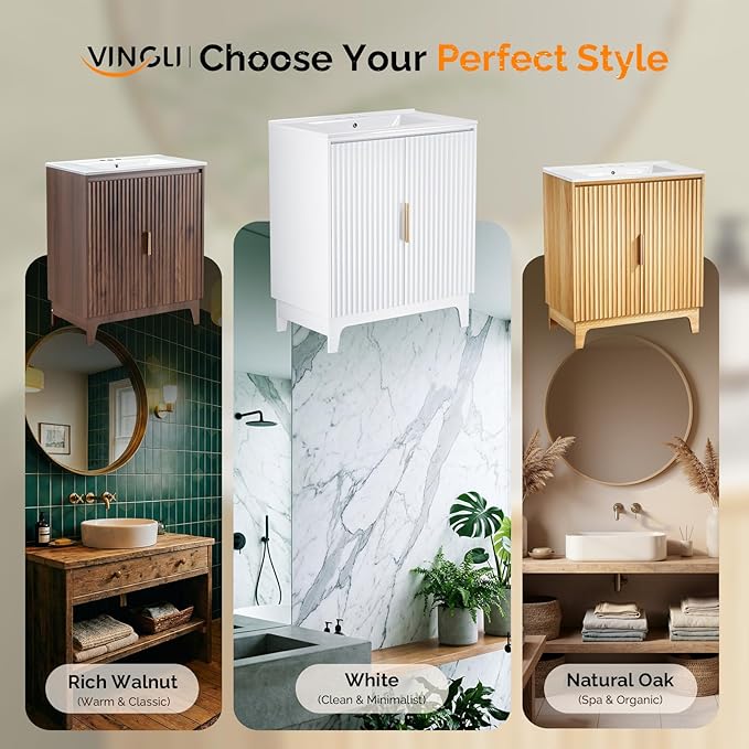 VINGLI 30 Inch Bathroom Vanity with Sink, Modern White Freestanding Cabinet with Ceramic Top, Fluted Soft-Close Doors & Gold Handles, U-Shape Storage for Small Bathroom