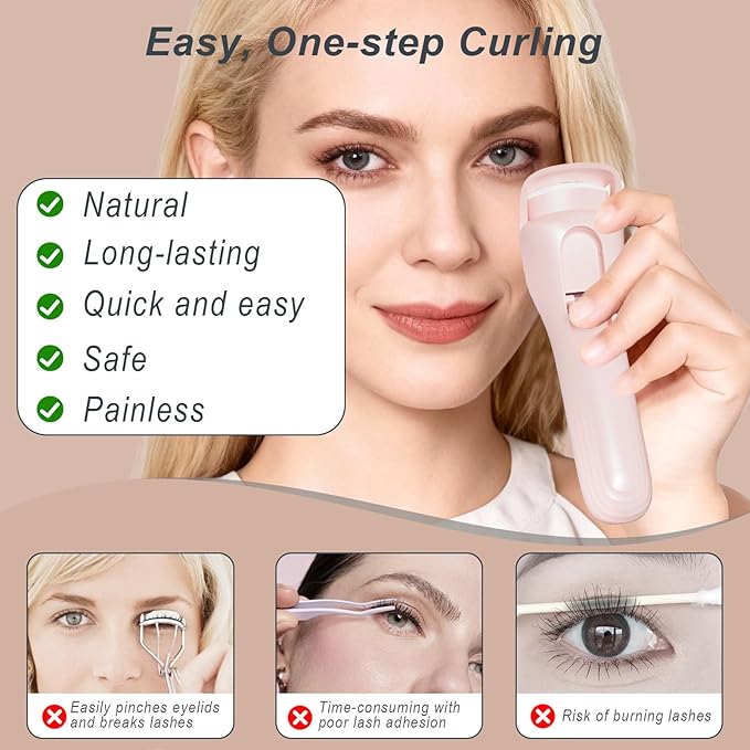 Heated Eyelash Curler for Women, Type-C Rechargeable with 3 Temp Settings & Silicone Pad for Natural C Curl, Travel-Friendly Heated Lash Curler (Pink)