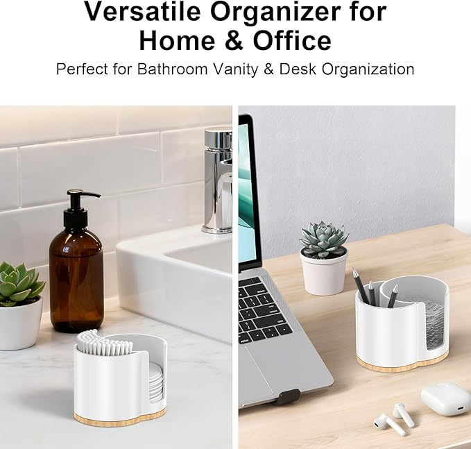PENGARO Cotton Pad and Swab Holder, Q tip Holder Round Cotton Pad Dispenser Plastic Cotton Swabs Dispenser, Bathroom Accessories Storage Organizer for Cotton Pads Floss Picks, White