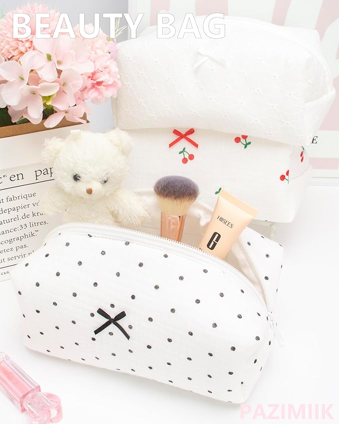 PAZIMIIK Cozy Makeup Bag for Women,Zipper Cosmetic Pouch,Gauze Polka Dot